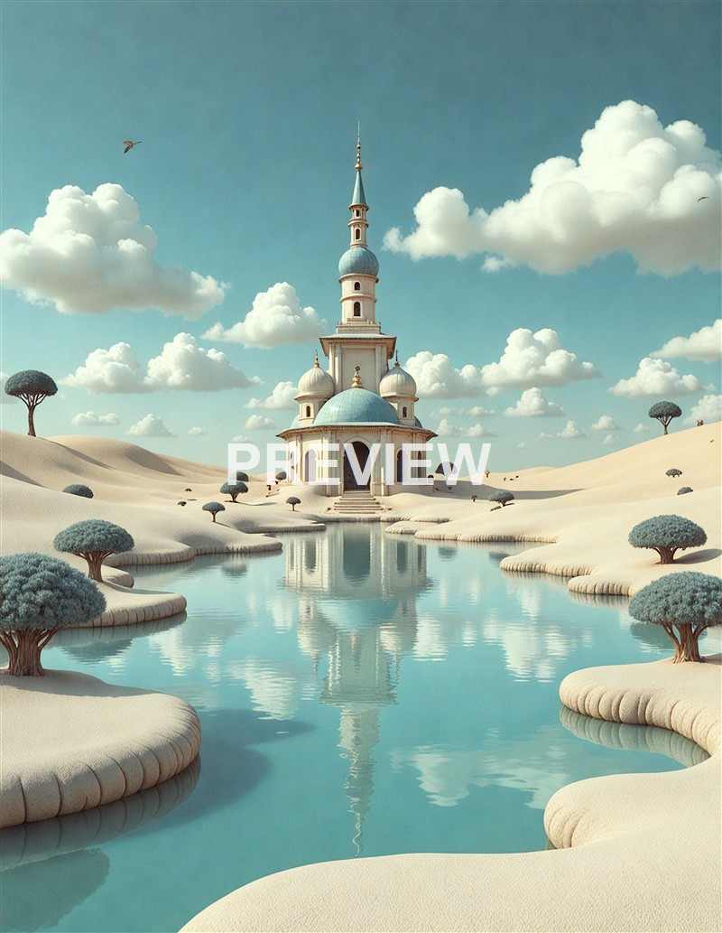 A fantasy scene featuring a tall, ornate building with domes and a spire, situated in a surreal, desert-like landscape with small trees and a reflective body of water in the foreground under a partly cloudy sky.
